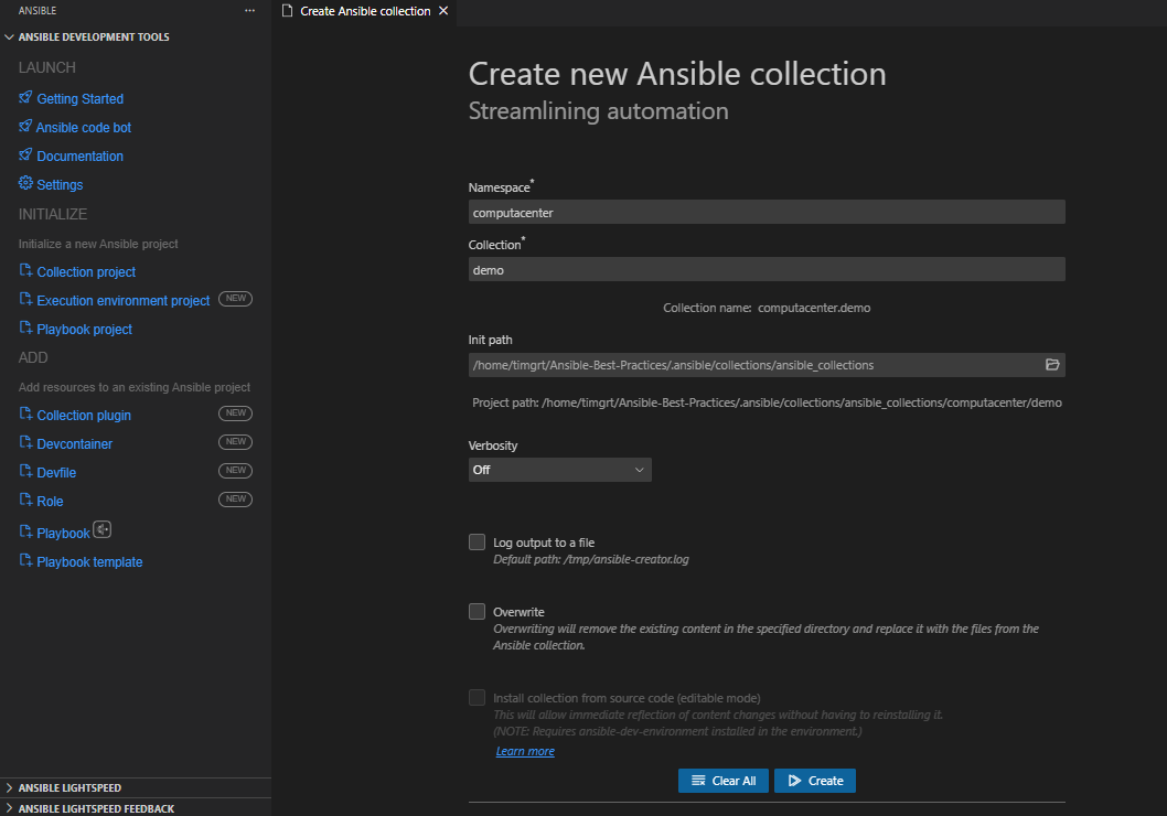 Create Ansible Collection with ansible-creator in VScode